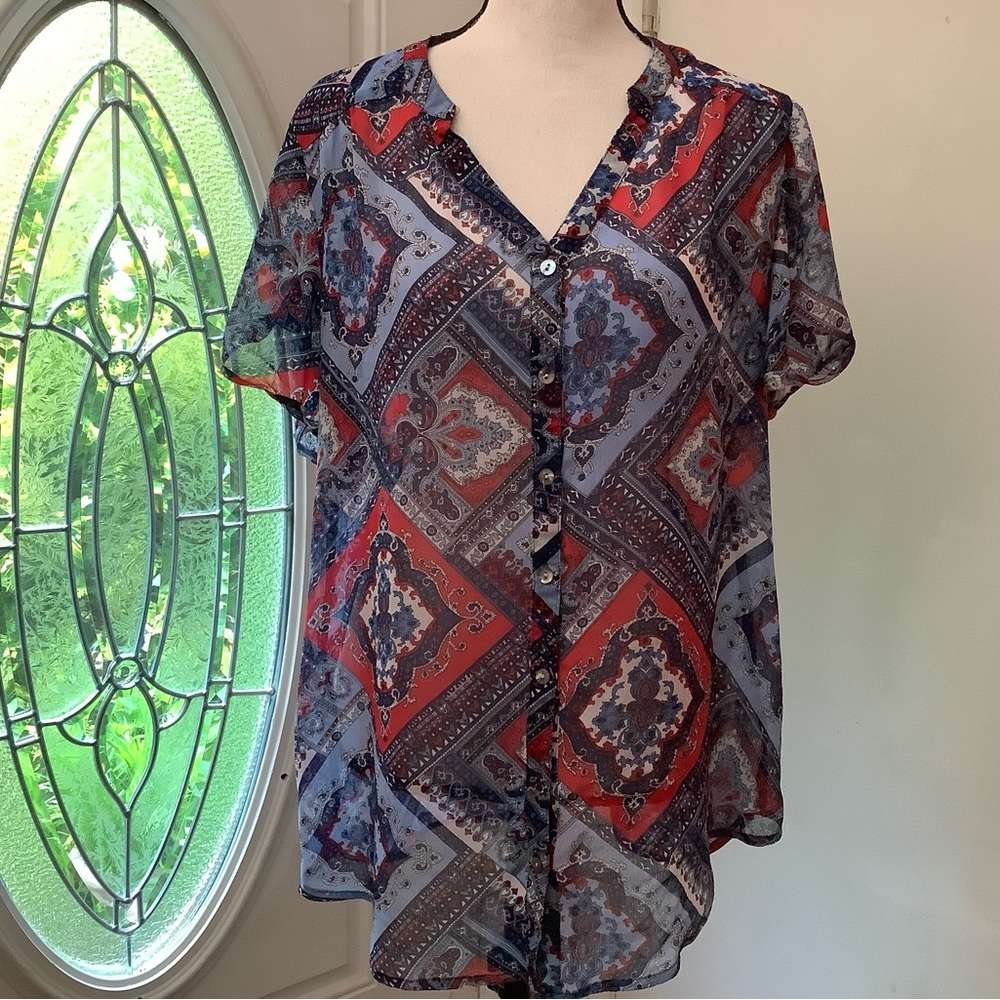 CB Established 1962 Women's Size M Shirt Button Up  Sheer Multi Patchwork Print
